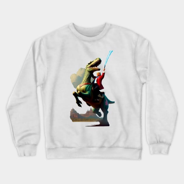 Donald Trump Riding a Tyrannosaurus Hybrid Horse With a Lightsaber Crewneck Sweatshirt by Doctor Doom's Generic Latverian Storefront